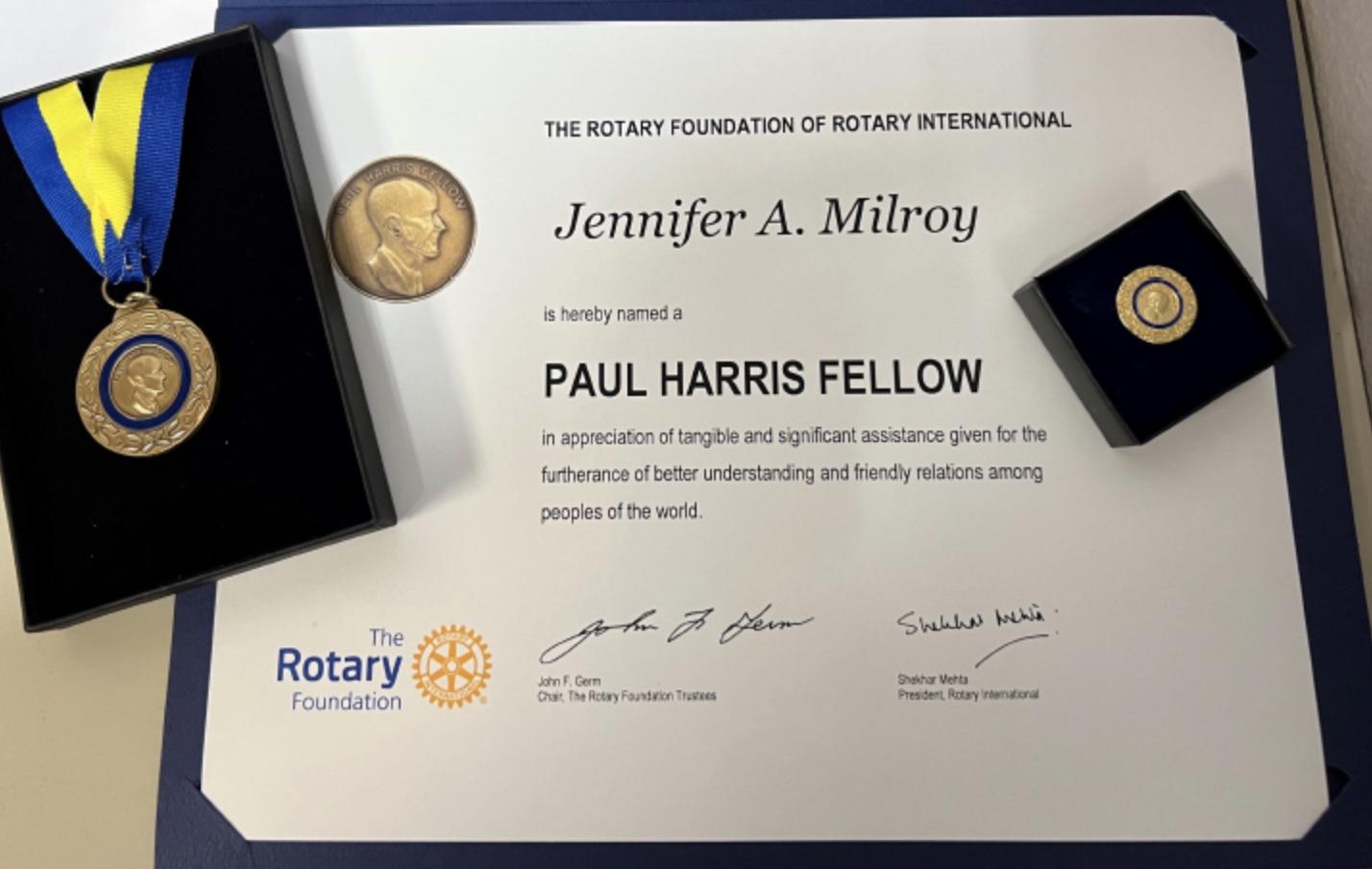 Jennifer Milroy's Paul Harris Fellow Award recipient.