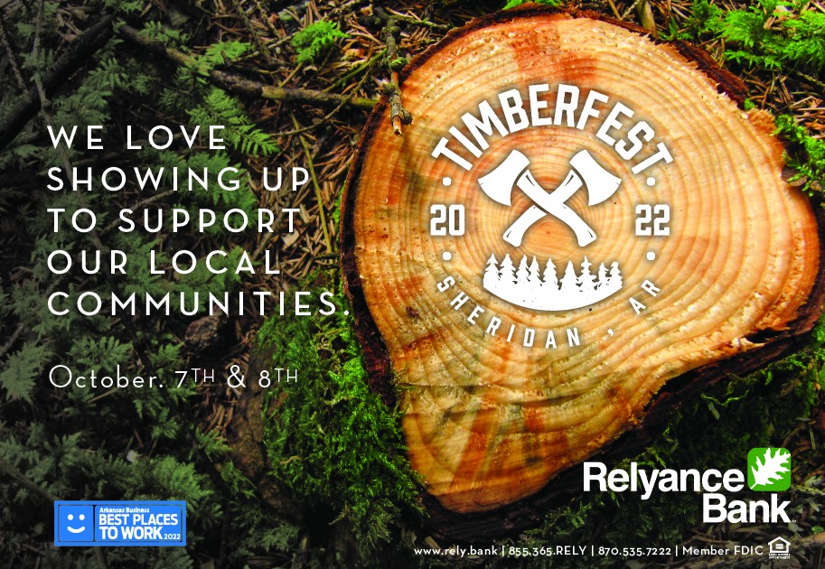 We love showing up to support our local communities. Timberfest 2022 in Sheridan, Arkansas on October 7th and 8th. Relyance Bank leaf logo. Arkansas Business best places to work 2022.