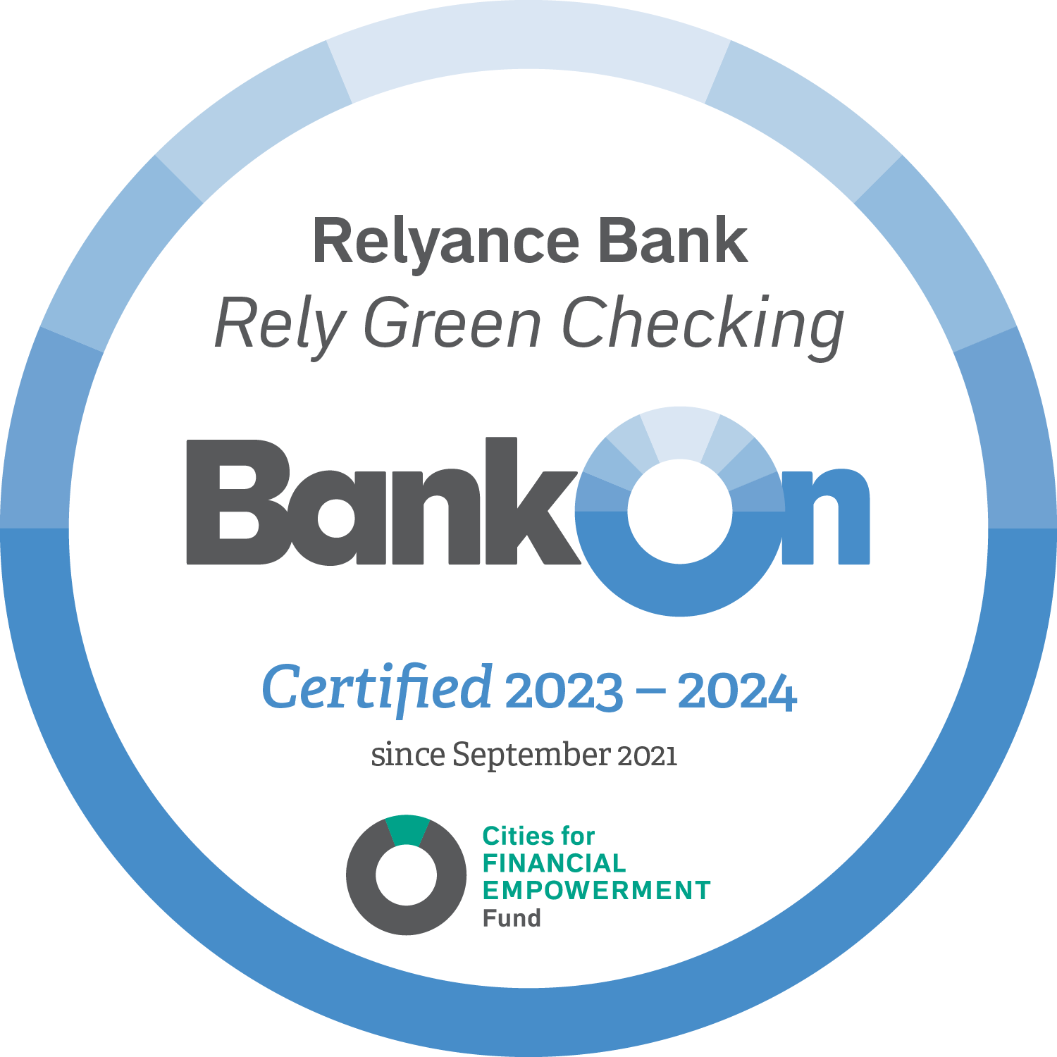 Relyance Bank Rely Green Checking BankOn National Account Standards 2023-2024 Approved certified since September 2021 Cities for Financial Empowerment Fund